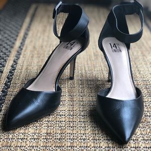 Black kitten heel pumps with ankle strap